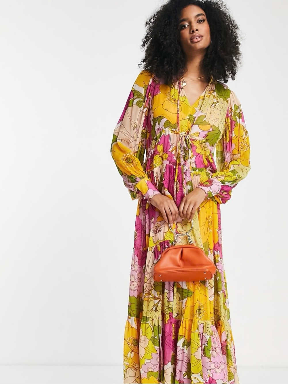 ASOS Floral Tiered Maxi Dress in Yellow, Pink & Green
